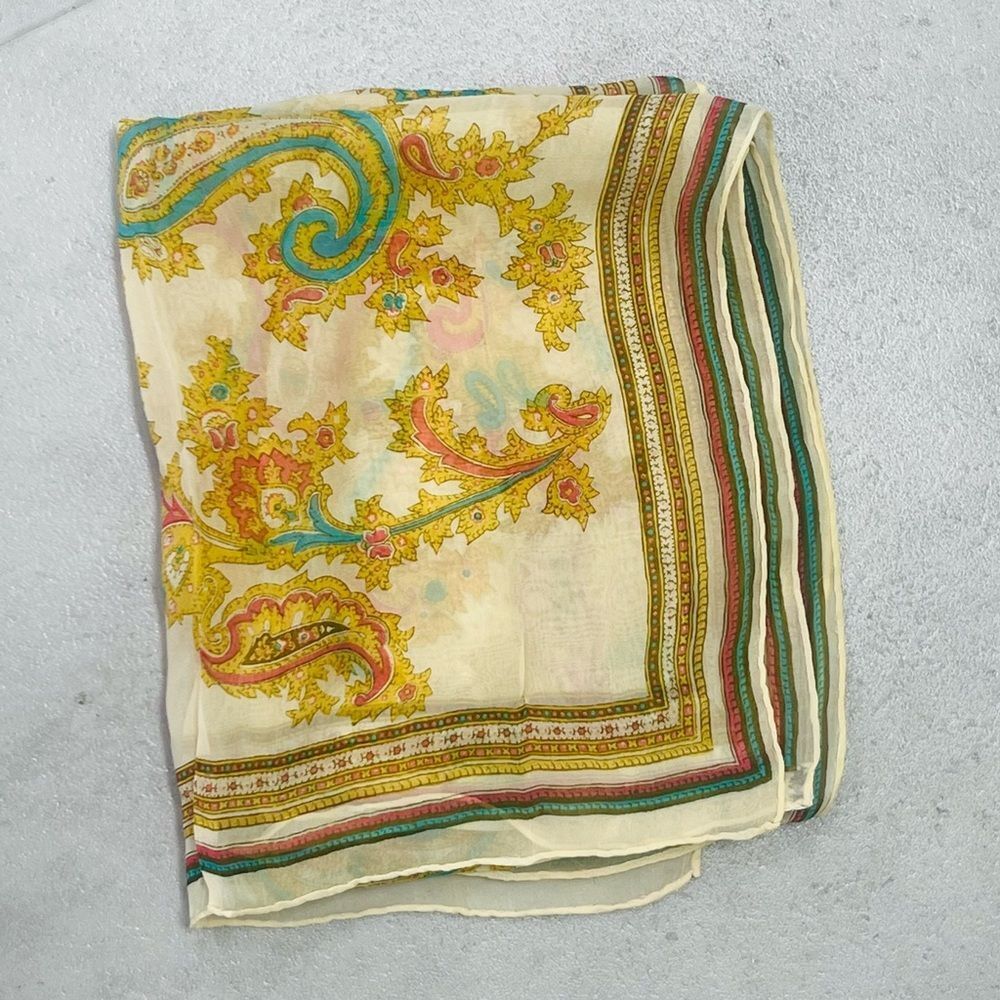Vintage Scarf Rectangular Gold Green Paisley 100% Rayon‎ Hand Rolled Japan 42X16